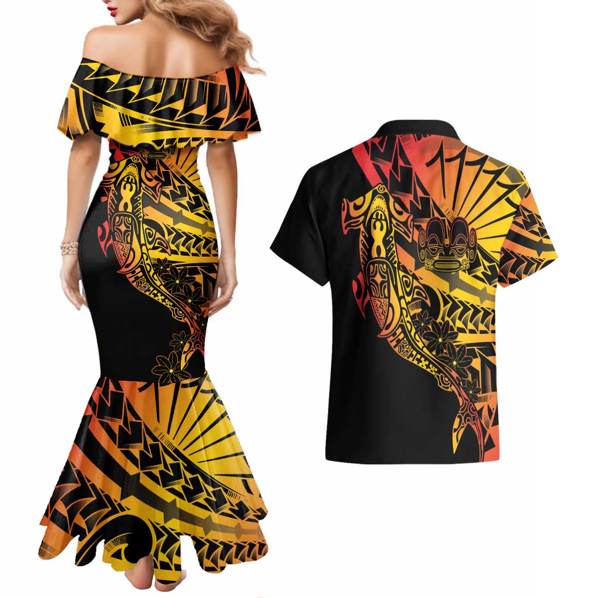 Gradient Marquesas Islands Couples Matching Mermaid Dress and Hawaiian Shirt Marquesan Matatiki Hammerhead Shark Patutiki LT14 - Polynesian Pride