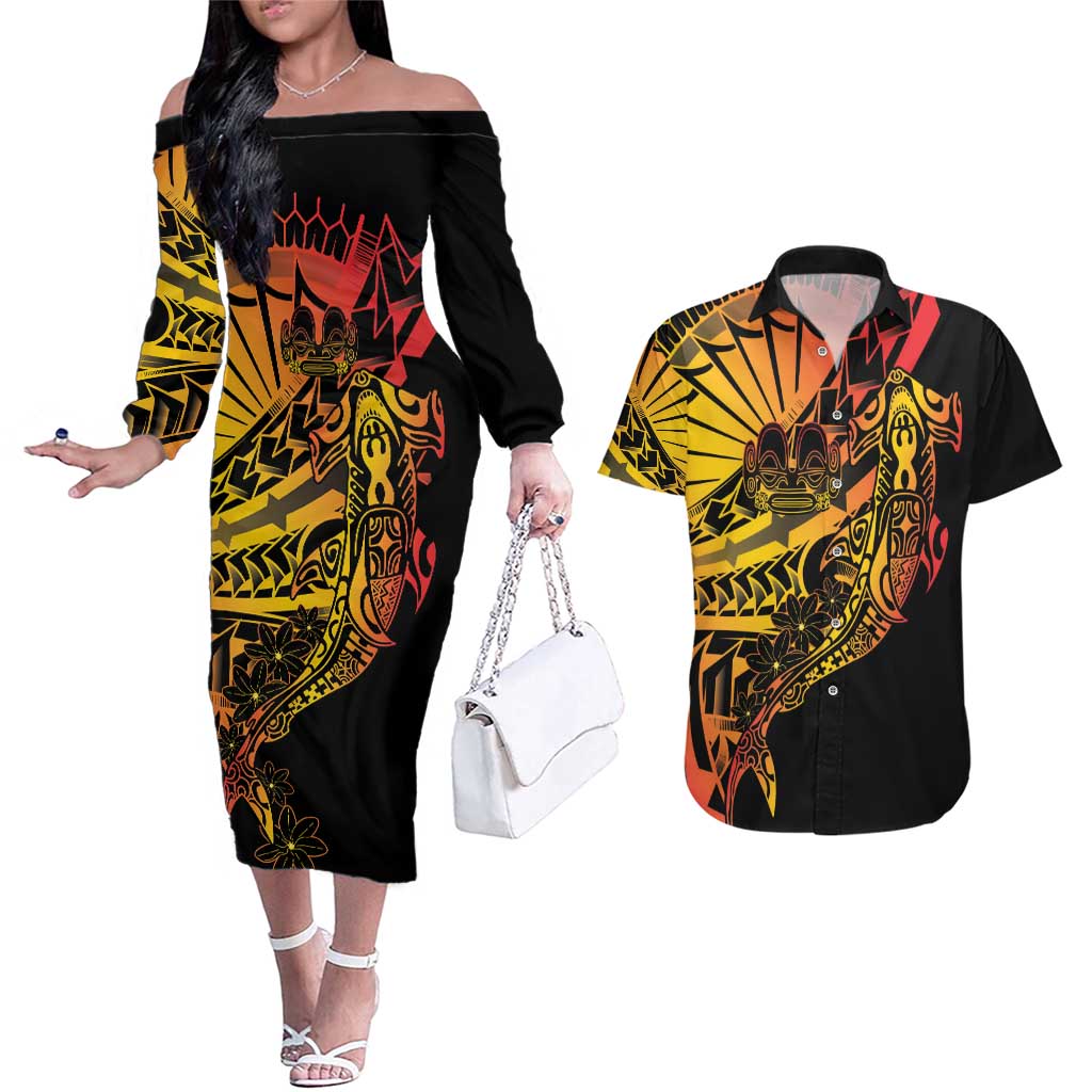 Gradient Marquesas Islands Couples Matching Off The Shoulder Long Sleeve Dress and Hawaiian Shirt Marquesan Matatiki Hammerhead Shark Patutiki LT14 Yellow - Polynesian Pride