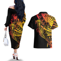 Gradient Marquesas Islands Couples Matching Off The Shoulder Long Sleeve Dress and Hawaiian Shirt Marquesan Matatiki Hammerhead Shark Patutiki LT14 - Polynesian Pride