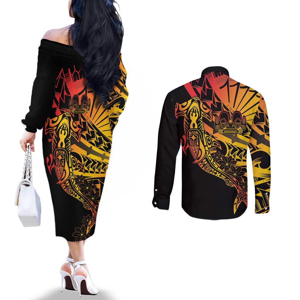 Gradient Marquesas Islands Couples Matching Off The Shoulder Long Sleeve Dress and Long Sleeve Button Shirt Marquesan Matatiki Hammerhead Shark Patutiki LT14 - Polynesian Pride