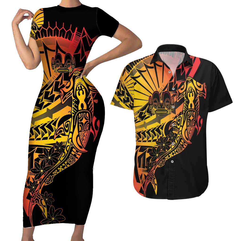 Gradient Marquesas Islands Couples Matching Short Sleeve Bodycon Dress and Hawaiian Shirt Marquesan Matatiki Hammerhead Shark Patutiki LT14 Yellow - Polynesian Pride