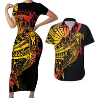 Gradient Marquesas Islands Couples Matching Short Sleeve Bodycon Dress and Hawaiian Shirt Marquesan Matatiki Hammerhead Shark Patutiki LT14 Yellow - Polynesian Pride