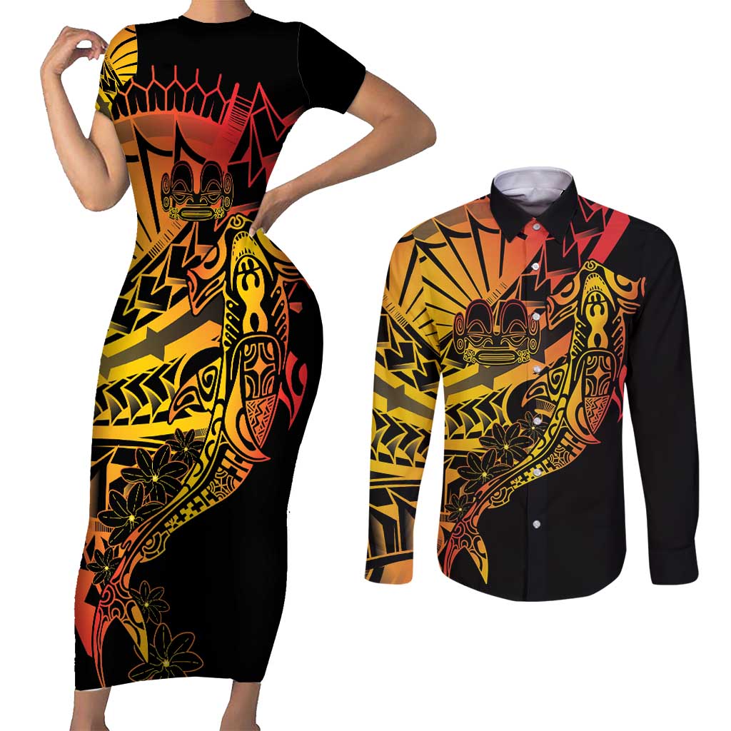 Gradient Marquesas Islands Couples Matching Short Sleeve Bodycon Dress and Long Sleeve Button Shirt Marquesan Matatiki Hammerhead Shark Patutiki LT14 Yellow - Polynesian Pride