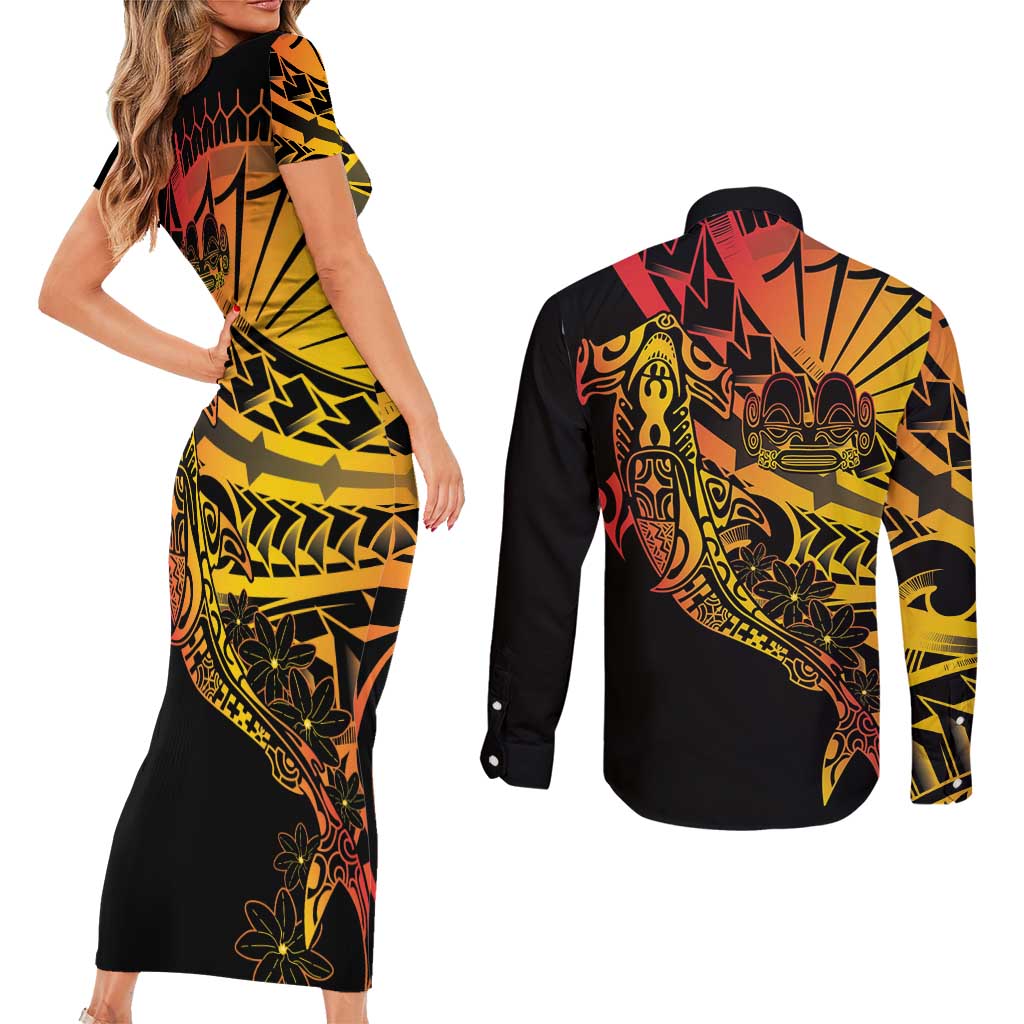 Gradient Marquesas Islands Couples Matching Short Sleeve Bodycon Dress and Long Sleeve Button Shirt Marquesan Matatiki Hammerhead Shark Patutiki LT14 - Polynesian Pride