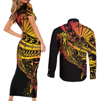 Gradient Marquesas Islands Couples Matching Short Sleeve Bodycon Dress and Long Sleeve Button Shirt Marquesan Matatiki Hammerhead Shark Patutiki LT14 - Polynesian Pride