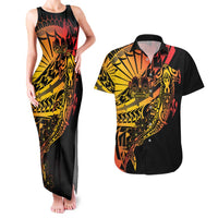 Gradient Marquesas Islands Couples Matching Tank Maxi Dress and Hawaiian Shirt Marquesan Matatiki Hammerhead Shark Patutiki LT14 Yellow - Polynesian Pride
