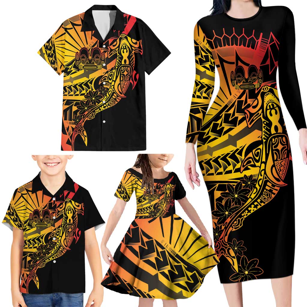 Gradient Marquesas Islands Family Matching Long Sleeve Bodycon Dress and Hawaiian Shirt Marquesan Matatiki Hammerhead Shark Patutiki LT14 - Polynesian Pride