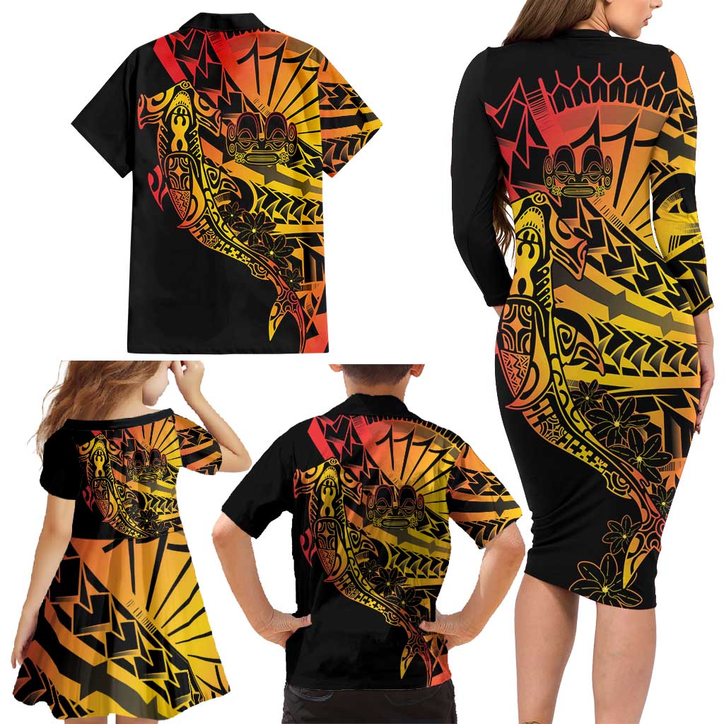Gradient Marquesas Islands Family Matching Long Sleeve Bodycon Dress and Hawaiian Shirt Marquesan Matatiki Hammerhead Shark Patutiki LT14 - Polynesian Pride
