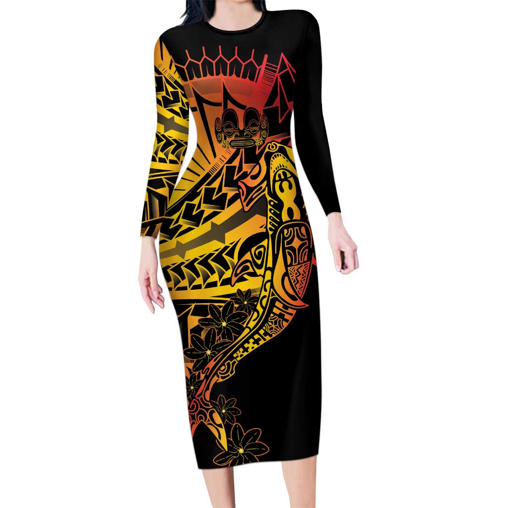 Gradient Marquesas Islands Family Matching Long Sleeve Bodycon Dress and Hawaiian Shirt Marquesan Matatiki Hammerhead Shark Patutiki LT14 Mom's Dress Yellow - Polynesian Pride
