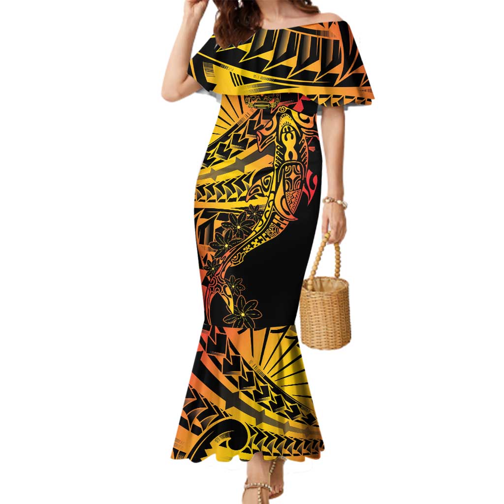 Gradient Marquesas Islands Family Matching Mermaid Dress and Hawaiian Shirt Marquesan Matatiki Hammerhead Shark Patutiki LT14 Mom's Dress Yellow - Polynesian Pride