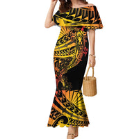 Gradient Marquesas Islands Family Matching Mermaid Dress and Hawaiian Shirt Marquesan Matatiki Hammerhead Shark Patutiki LT14 Mom's Dress Yellow - Polynesian Pride