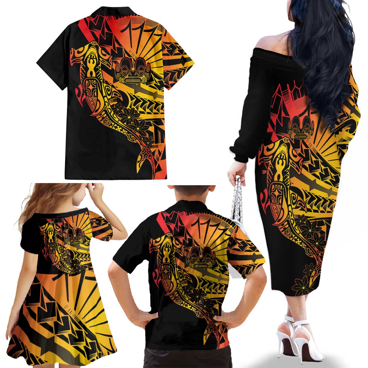 Gradient Marquesas Islands Family Matching Off The Shoulder Long Sleeve Dress and Hawaiian Shirt Marquesan Matatiki Hammerhead Shark Patutiki LT14 - Polynesian Pride