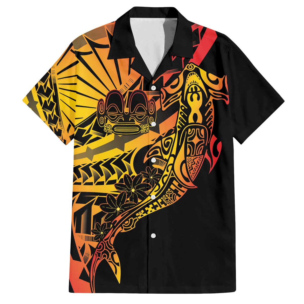 Gradient Marquesas Islands Family Matching Off The Shoulder Long Sleeve Dress and Hawaiian Shirt Marquesan Matatiki Hammerhead Shark Patutiki LT14 Dad's Shirt - Short Sleeve Yellow - Polynesian Pride