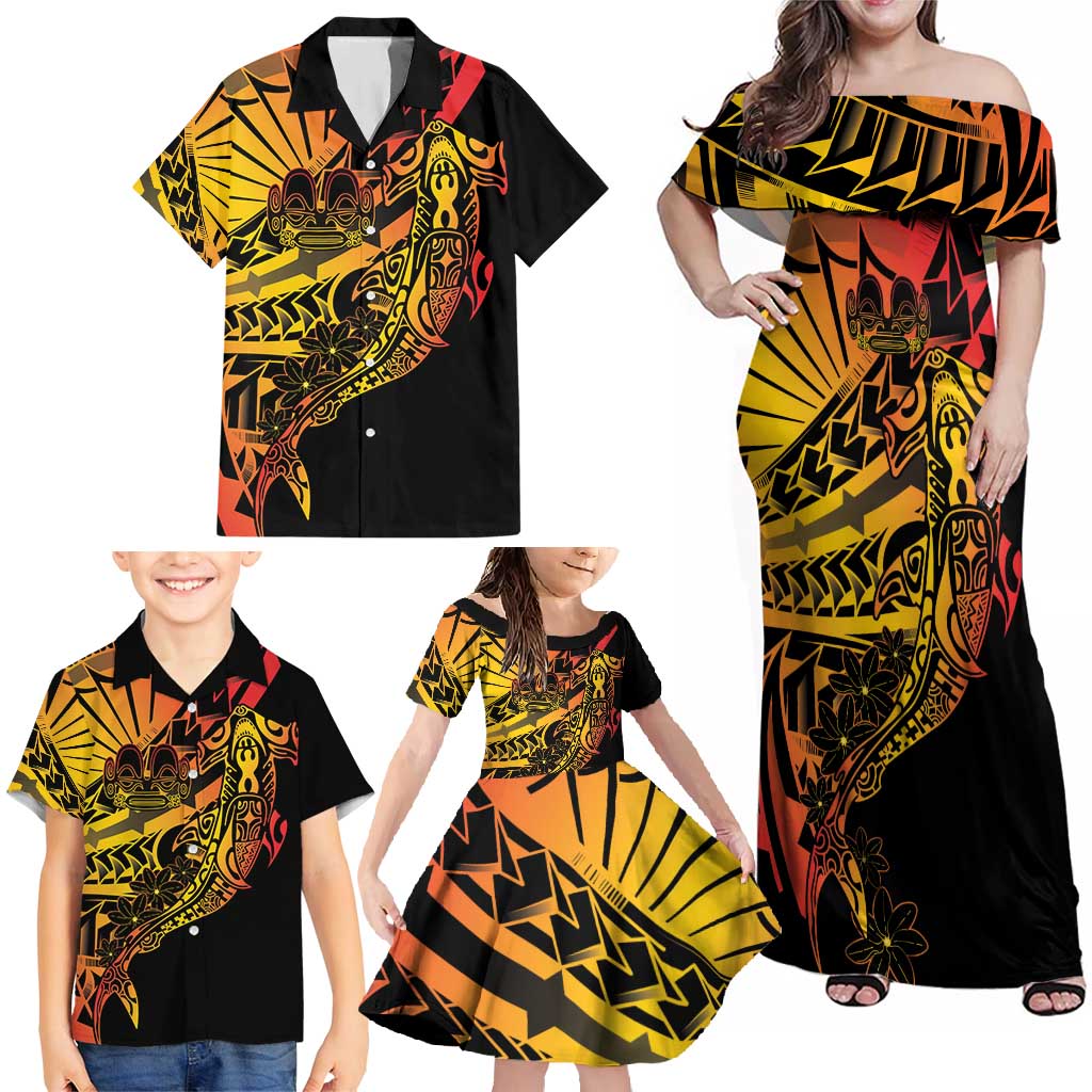 Gradient Marquesas Islands Family Matching Off Shoulder Maxi Dress and Hawaiian Shirt Marquesan Matatiki Hammerhead Shark Patutiki LT14 - Polynesian Pride