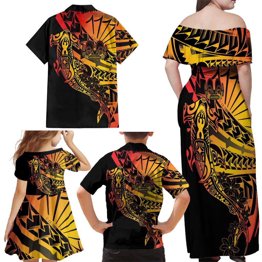 Gradient Marquesas Islands Family Matching Off Shoulder Maxi Dress and Hawaiian Shirt Marquesan Matatiki Hammerhead Shark Patutiki LT14 - Polynesian Pride
