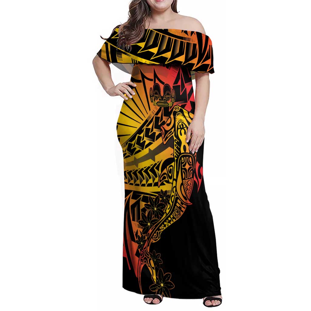 Gradient Marquesas Islands Family Matching Off Shoulder Maxi Dress and Hawaiian Shirt Marquesan Matatiki Hammerhead Shark Patutiki LT14 Mom's Dress Yellow - Polynesian Pride