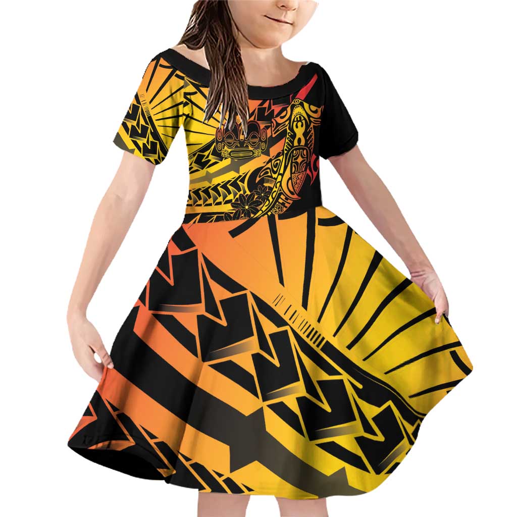 Gradient Marquesas Islands Family Matching Off Shoulder Short Dress and Hawaiian Shirt Marquesan Matatiki Hammerhead Shark Patutiki LT14 Daughter's Dress Yellow - Polynesian Pride
