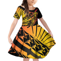 Gradient Marquesas Islands Family Matching Off Shoulder Short Dress and Hawaiian Shirt Marquesan Matatiki Hammerhead Shark Patutiki LT14 Daughter's Dress Yellow - Polynesian Pride