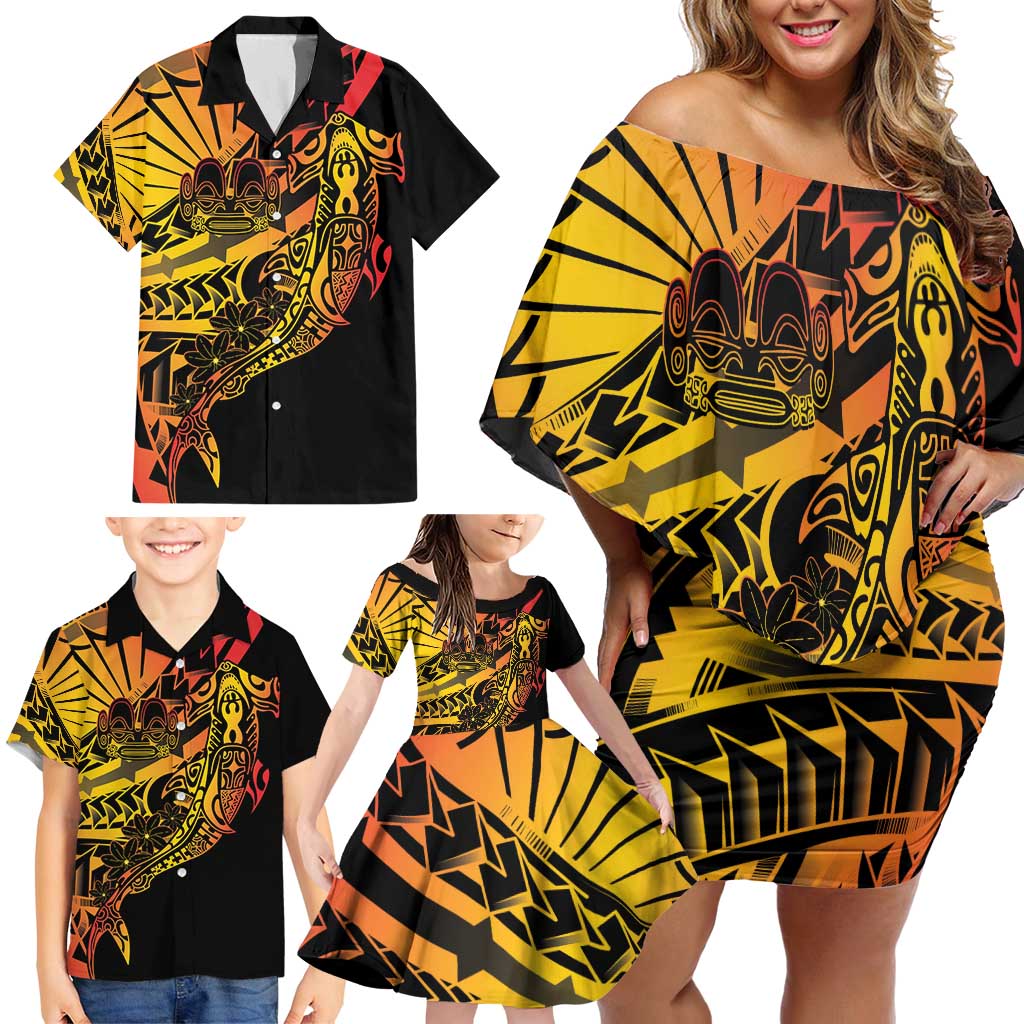 Gradient Marquesas Islands Family Matching Off Shoulder Short Dress and Hawaiian Shirt Marquesan Matatiki Hammerhead Shark Patutiki LT14 - Polynesian Pride