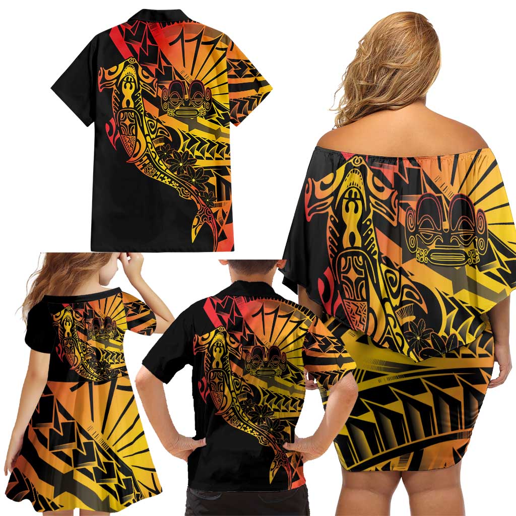 Gradient Marquesas Islands Family Matching Off Shoulder Short Dress and Hawaiian Shirt Marquesan Matatiki Hammerhead Shark Patutiki LT14 - Polynesian Pride