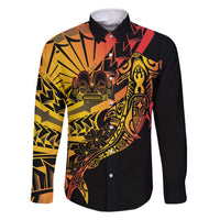 Gradient Marquesas Islands Family Matching Off Shoulder Short Dress and Hawaiian Shirt Marquesan Matatiki Hammerhead Shark Patutiki LT14 Dad's Shirt - Long Sleeve Yellow - Polynesian Pride
