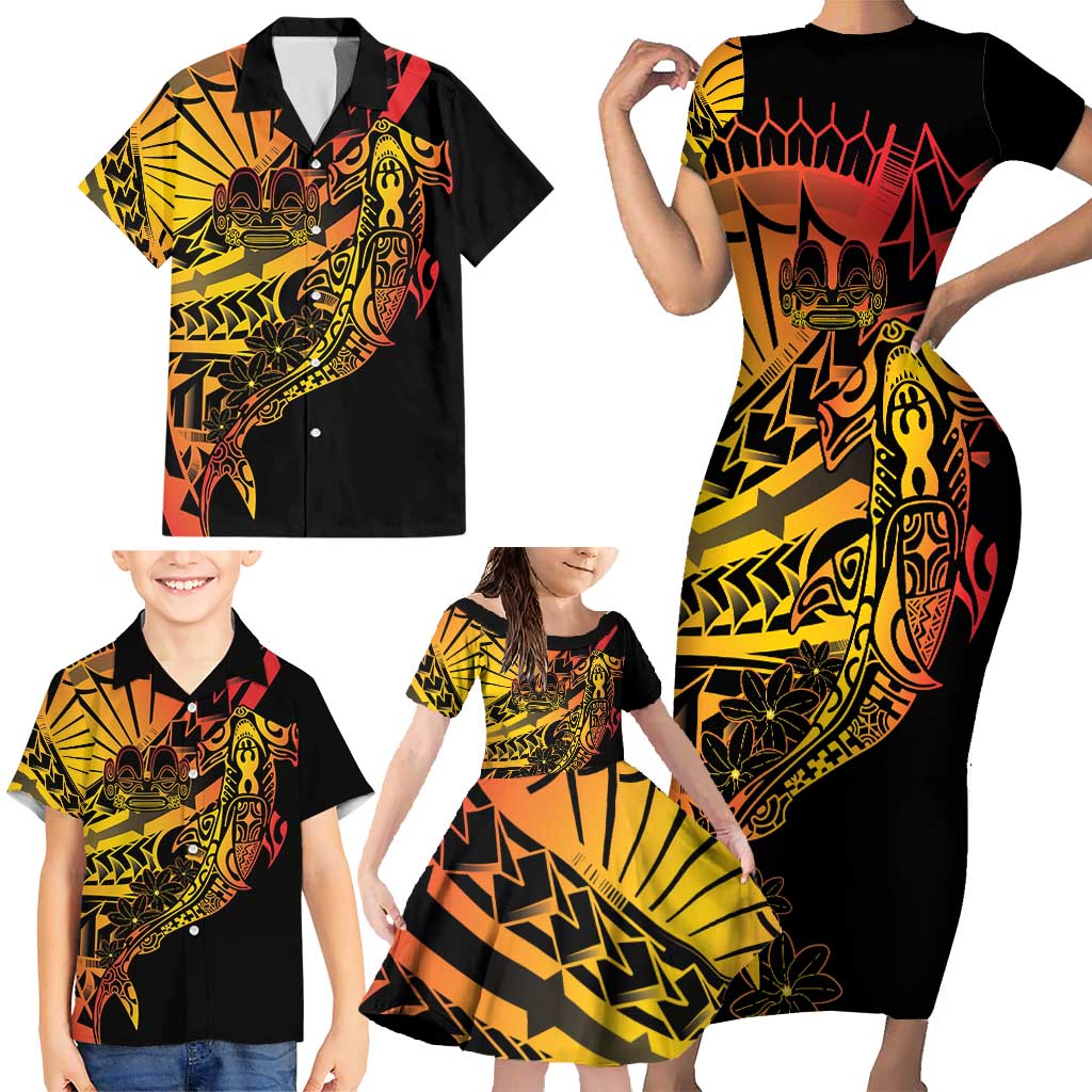 Gradient Marquesas Islands Family Matching Short Sleeve Bodycon Dress and Hawaiian Shirt Marquesan Matatiki Hammerhead Shark Patutiki LT14 - Polynesian Pride