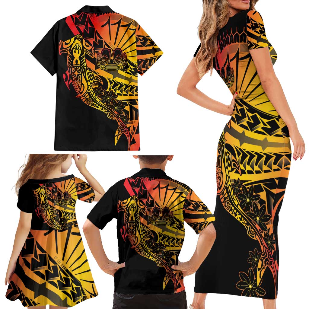 Gradient Marquesas Islands Family Matching Short Sleeve Bodycon Dress and Hawaiian Shirt Marquesan Matatiki Hammerhead Shark Patutiki LT14 - Polynesian Pride