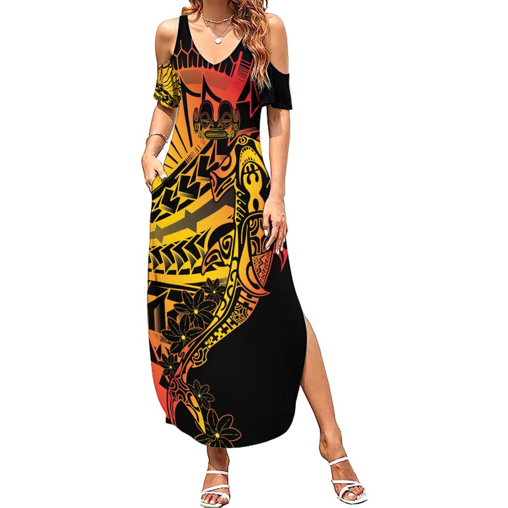 Gradient Marquesas Islands Family Matching Summer Maxi Dress and Hawaiian Shirt Marquesan Matatiki Hammerhead Shark Patutiki LT14 Mom's Dress Yellow - Polynesian Pride
