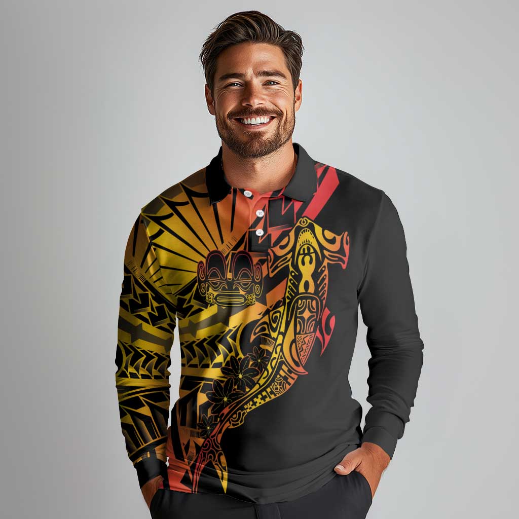 Gradient Marquesas Islands Long Sleeve Polo Shirt Marquesan Matatiki Hammerhead Shark Patutiki LT14 - Polynesian Pride