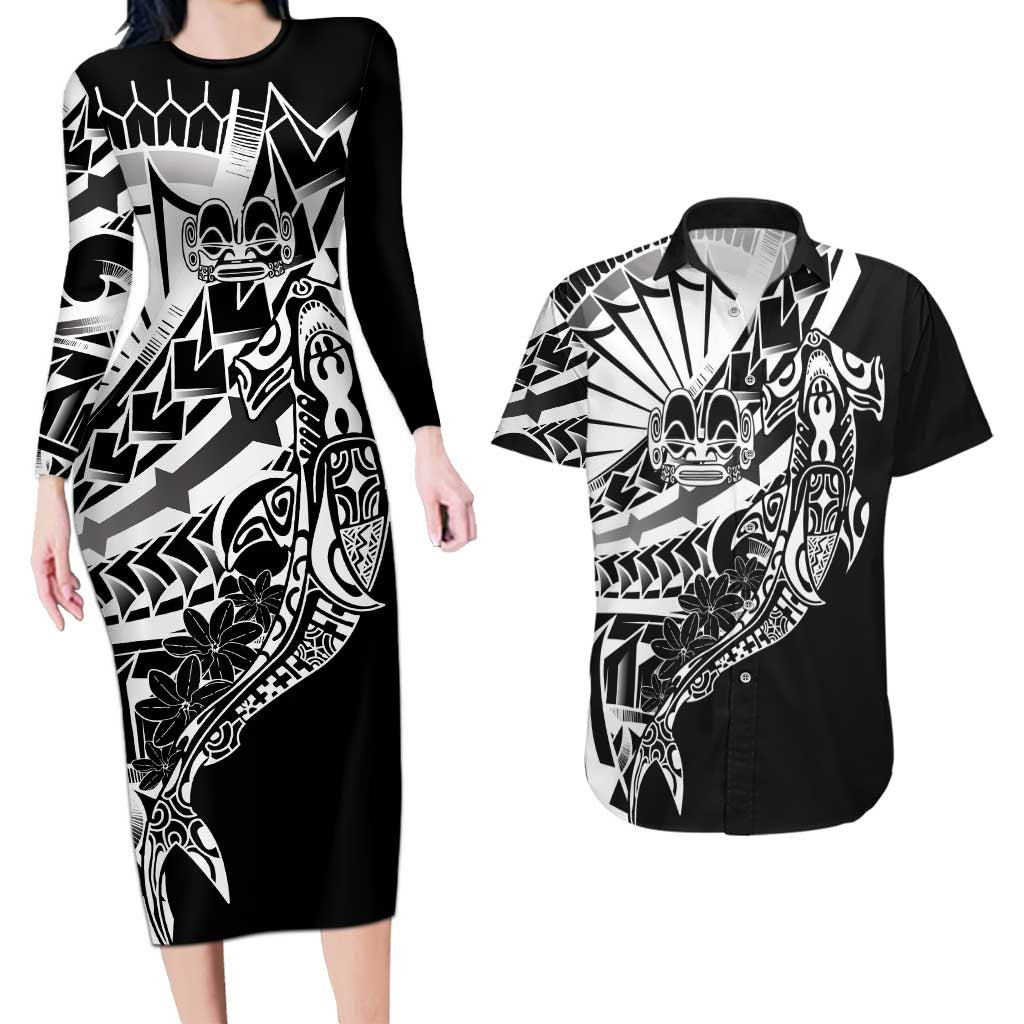 Black White Marquesas Islands Couples Matching Long Sleeve Bodycon Dress and Hawaiian Shirt Marquesan Matatiki Hammerhead Shark Patutiki LT14 Black - Polynesian Pride