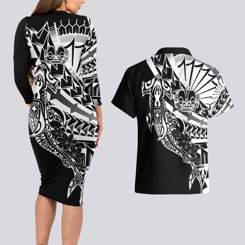 Black White Marquesas Islands Couples Matching Long Sleeve Bodycon Dress and Hawaiian Shirt Marquesan Matatiki Hammerhead Shark Patutiki LT14 - Polynesian Pride