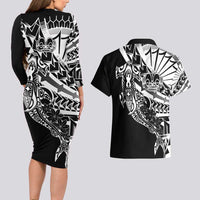 Black White Marquesas Islands Couples Matching Long Sleeve Bodycon Dress and Hawaiian Shirt Marquesan Matatiki Hammerhead Shark Patutiki LT14 - Polynesian Pride