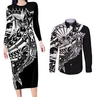 Black White Marquesas Islands Couples Matching Long Sleeve Bodycon Dress and Long Sleeve Button Shirt Marquesan Matatiki Hammerhead Shark Patutiki LT14 Black - Polynesian Pride