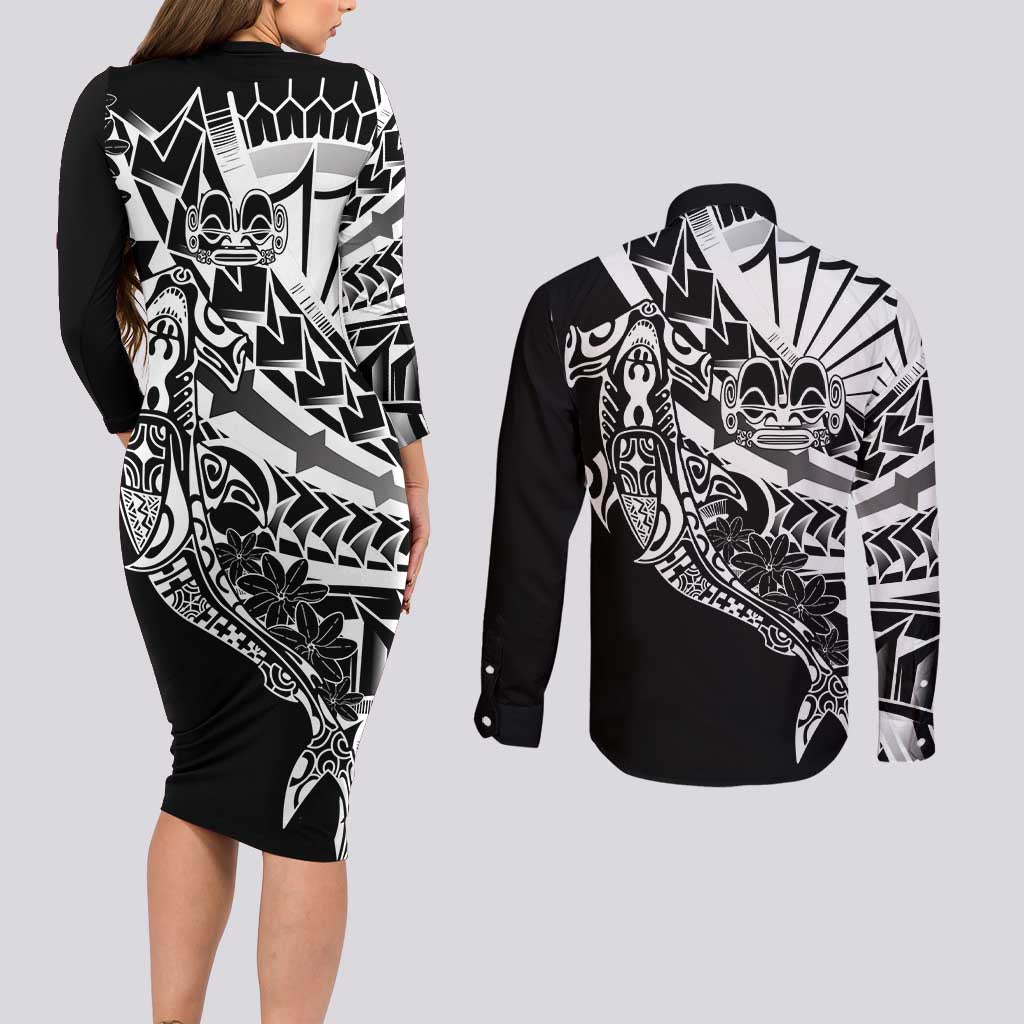 Black White Marquesas Islands Couples Matching Long Sleeve Bodycon Dress and Long Sleeve Button Shirt Marquesan Matatiki Hammerhead Shark Patutiki LT14 - Polynesian Pride