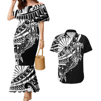 Black White Marquesas Islands Couples Matching Mermaid Dress and Hawaiian Shirt Marquesan Matatiki Hammerhead Shark Patutiki LT14 Black - Polynesian Pride