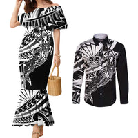 Black White Marquesas Islands Couples Matching Mermaid Dress and Long Sleeve Button Shirt Marquesan Matatiki Hammerhead Shark Patutiki LT14 Black - Polynesian Pride