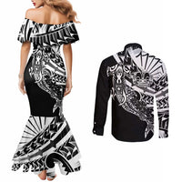 Black White Marquesas Islands Couples Matching Mermaid Dress and Long Sleeve Button Shirt Marquesan Matatiki Hammerhead Shark Patutiki LT14 - Polynesian Pride
