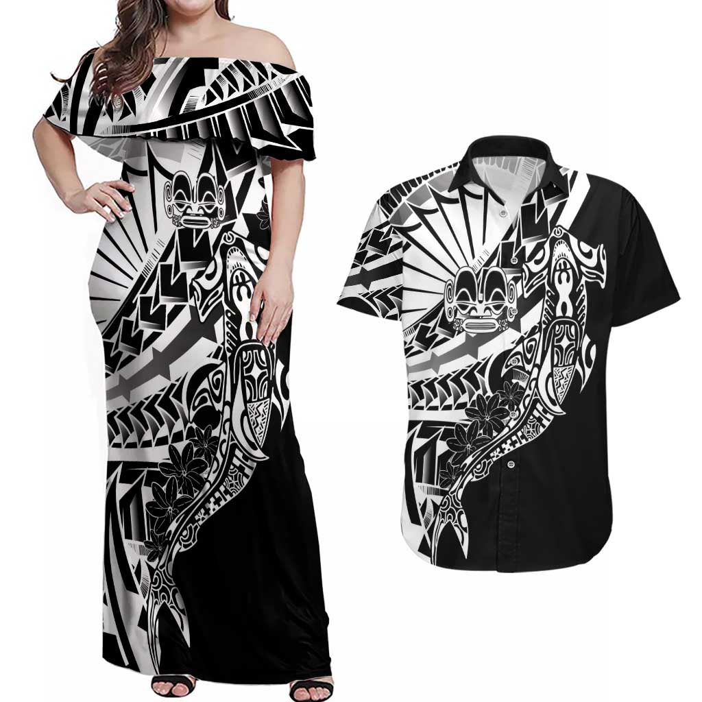 Black White Marquesas Islands Couples Matching Off Shoulder Maxi Dress and Hawaiian Shirt Marquesan Matatiki Hammerhead Shark Patutiki LT14 Black - Polynesian Pride