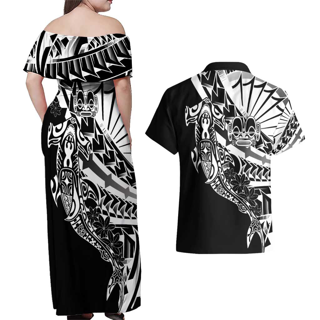 Black White Marquesas Islands Couples Matching Off Shoulder Maxi Dress and Hawaiian Shirt Marquesan Matatiki Hammerhead Shark Patutiki LT14 - Polynesian Pride