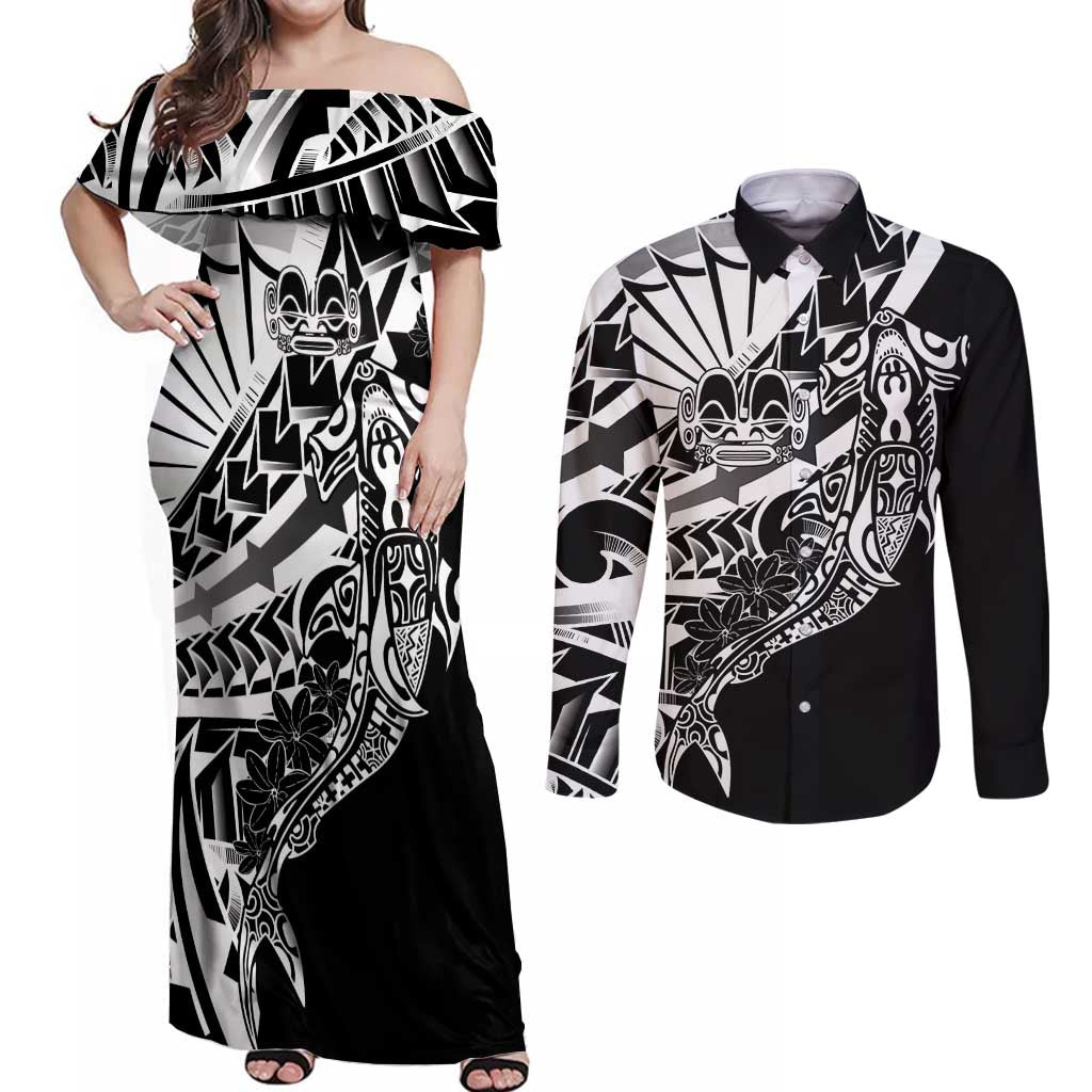 Black White Marquesas Islands Couples Matching Off Shoulder Maxi Dress and Long Sleeve Button Shirt Marquesan Matatiki Hammerhead Shark Patutiki LT14 Black - Polynesian Pride