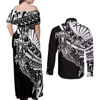 Black White Marquesas Islands Couples Matching Off Shoulder Maxi Dress and Long Sleeve Button Shirt Marquesan Matatiki Hammerhead Shark Patutiki LT14 - Polynesian Pride