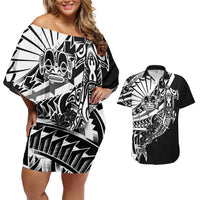 Black White Marquesas Islands Couples Matching Off Shoulder Short Dress and Hawaiian Shirt Marquesan Matatiki Hammerhead Shark Patutiki LT14 Black - Polynesian Pride