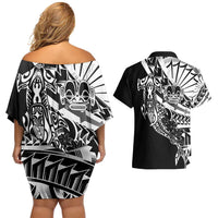 Black White Marquesas Islands Couples Matching Off Shoulder Short Dress and Hawaiian Shirt Marquesan Matatiki Hammerhead Shark Patutiki LT14 - Polynesian Pride