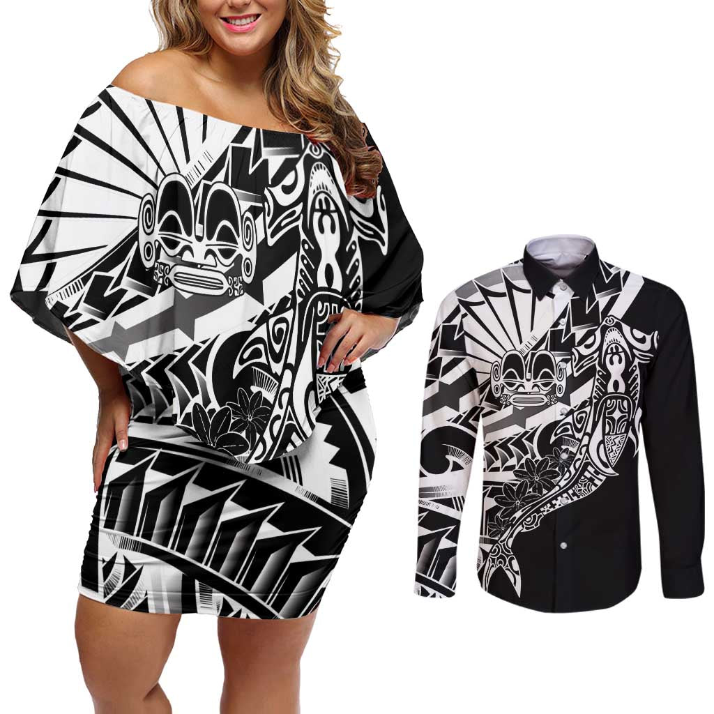 Black White Marquesas Islands Couples Matching Off Shoulder Short Dress and Long Sleeve Button Shirt Marquesan Matatiki Hammerhead Shark Patutiki LT14 Black - Polynesian Pride