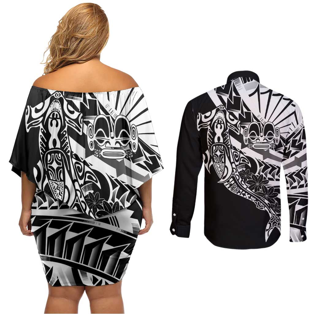 Black White Marquesas Islands Couples Matching Off Shoulder Short Dress and Long Sleeve Button Shirt Marquesan Matatiki Hammerhead Shark Patutiki LT14 - Polynesian Pride