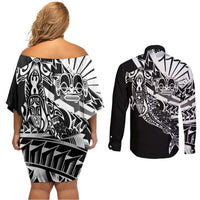 Black White Marquesas Islands Couples Matching Off Shoulder Short Dress and Long Sleeve Button Shirt Marquesan Matatiki Hammerhead Shark Patutiki LT14 - Polynesian Pride