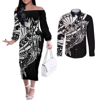 Black White Marquesas Islands Couples Matching Off The Shoulder Long Sleeve Dress and Long Sleeve Button Shirt Marquesan Matatiki Hammerhead Shark Patutiki LT14 Black - Polynesian Pride