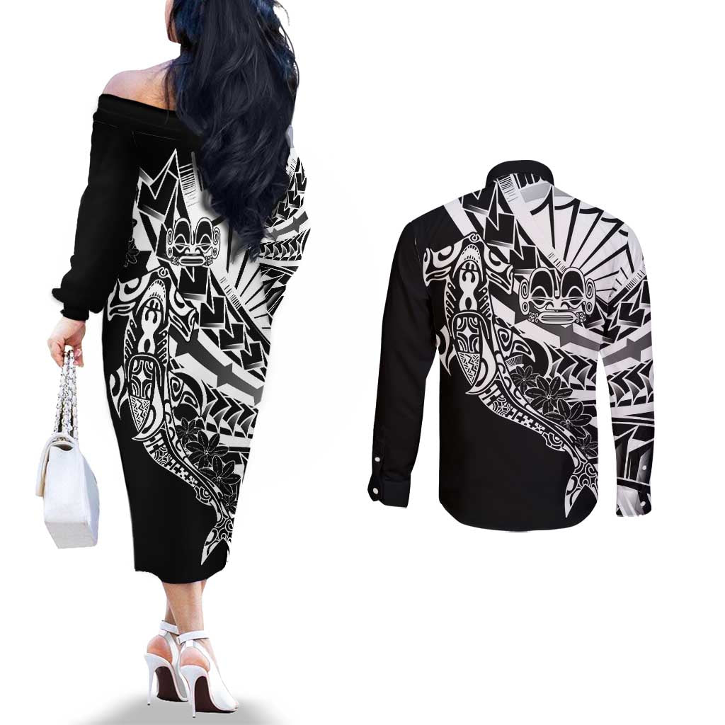 Black White Marquesas Islands Couples Matching Off The Shoulder Long Sleeve Dress and Long Sleeve Button Shirt Marquesan Matatiki Hammerhead Shark Patutiki LT14 - Polynesian Pride