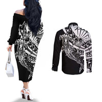 Black White Marquesas Islands Couples Matching Off The Shoulder Long Sleeve Dress and Long Sleeve Button Shirt Marquesan Matatiki Hammerhead Shark Patutiki LT14 - Polynesian Pride