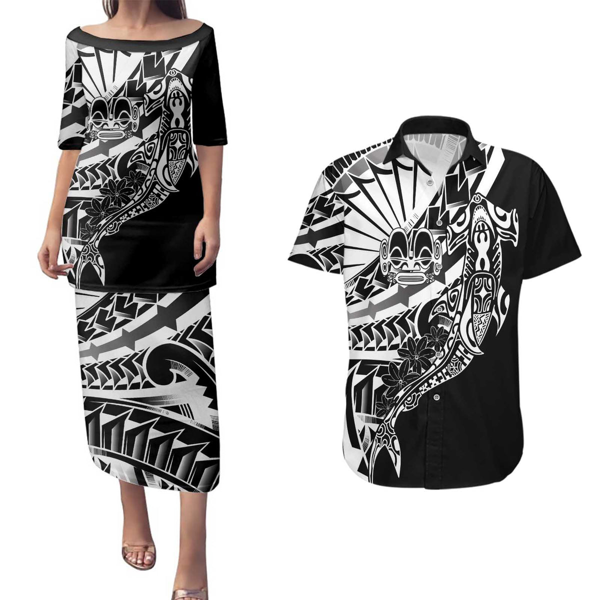 Black White Marquesas Islands Couples Matching Puletasi and Hawaiian Shirt Marquesan Matatiki Hammerhead Shark Patutiki LT14 Black - Polynesian Pride